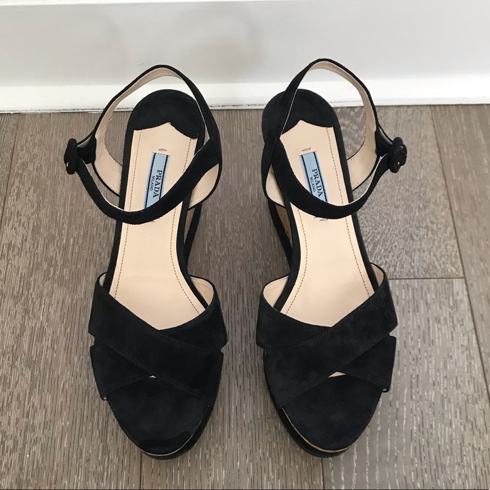 Prada Black Suede Wedge Sandals